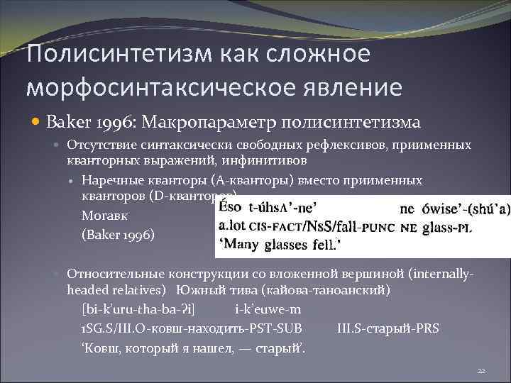Полисинтетизм как сложное морфосинтаксическое явление Baker 1996: Макропараметр полисинтетизма Отсутствие синтаксически свободных рефлексивов, приименных