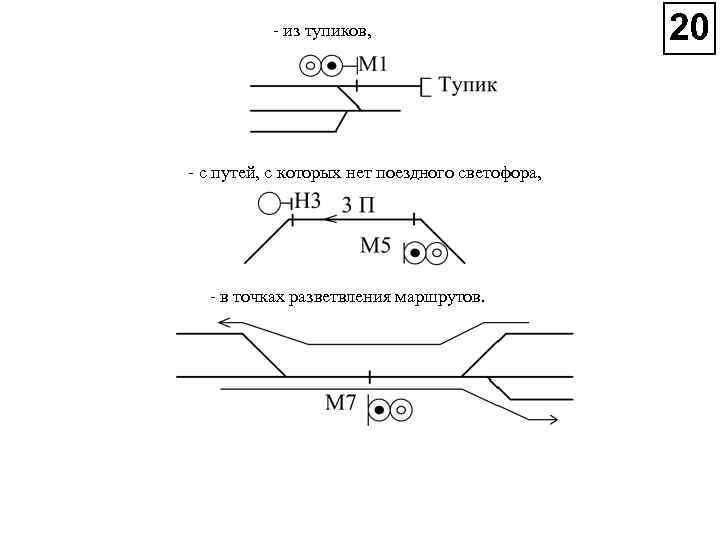  из тупиков, с путей, с которых нет поездного светофора, в точках разветвления маршрутов.