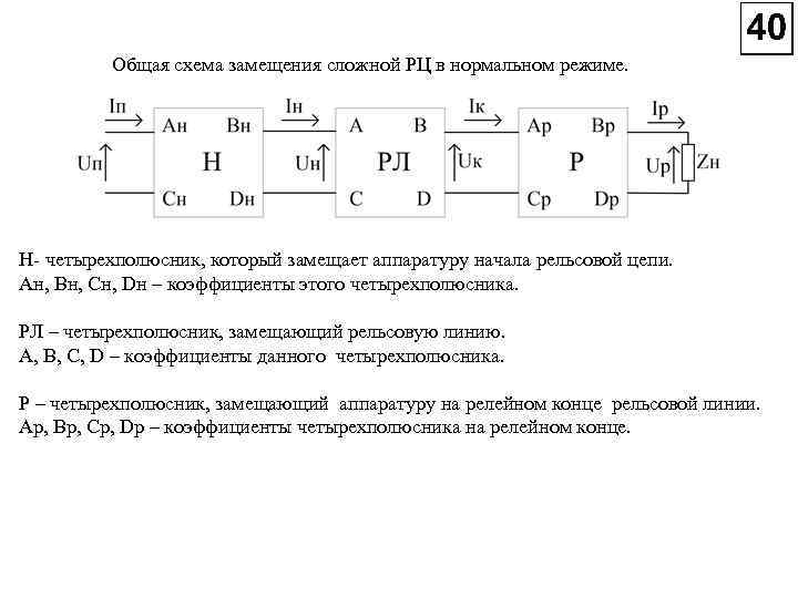 Общая схема замещения сложной РЦ в нормальном режиме. Н четырехполюсник, который замещает аппаратуру начала