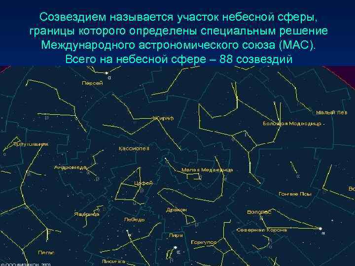 Созвездием называется участок небесной сферы, границы которого определены специальным решение Международного астрономического союза (МАС).
