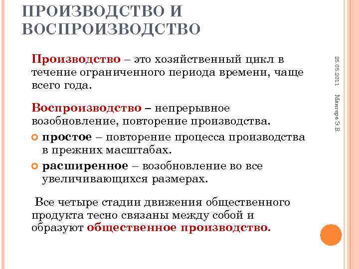 ПРОИЗВОДСТВО И ВОСПРОИЗВОДСТВО Производство – это хозяйственный цикл в 25. 05. 2011 течение ограниченного