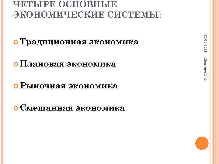 ЧЕТЫРЕ ОСНОВНЫЕ ЭКОНОМИЧЕСКИЕ СИСТЕМЫ: 25. 05. 2011 Традиционная экономика Мантере Э. В. Плановая экономика