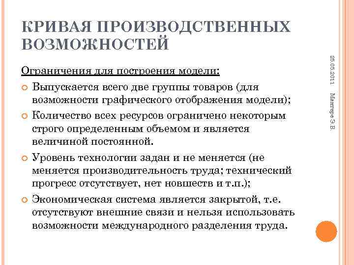 КРИВАЯ ПРОИЗВОДСТВЕННЫХ ВОЗМОЖНОСТЕЙ 25. 05. 2011 Ограничения для построения модели: Выпускается всего две группы