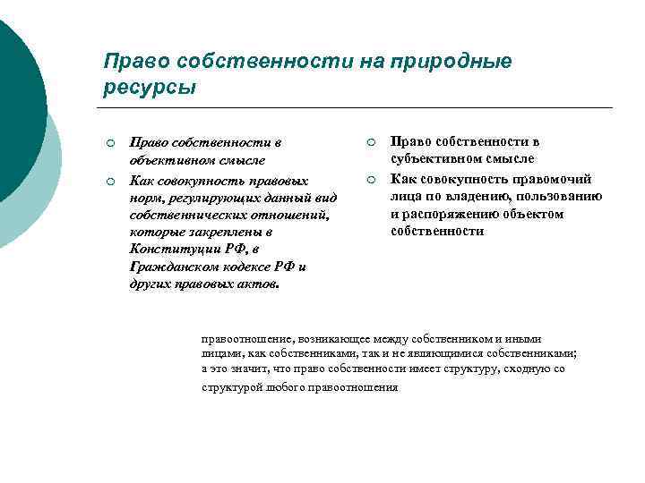 Право собственности на природные ресурсы ¡ ¡ Право собственности в объективном смысле Как совокупность