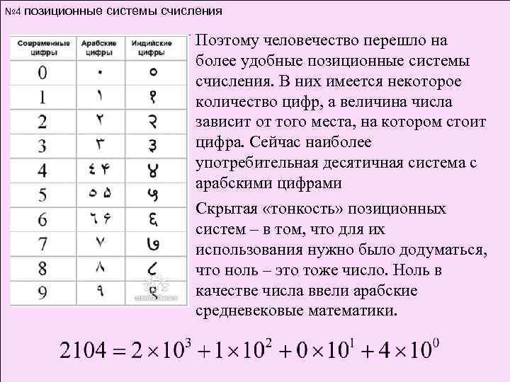 № 4 позиционные системы счисления Поэтому человечество перешло на более удобные позиционные системы счисления.