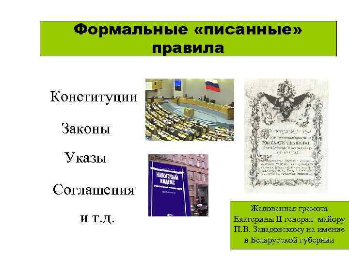Формальные «писанные» правила Конституции Законы Указы Соглашения и т. д. Жалованная грамота Екатерины II