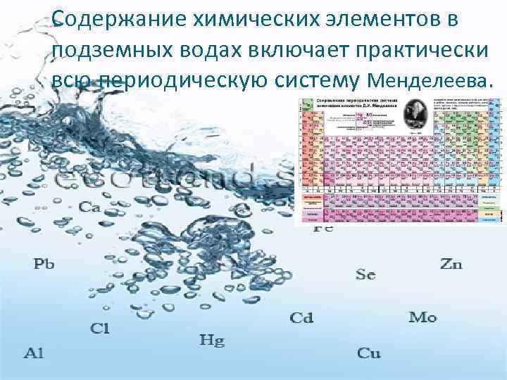 Содержание химических элементов в подземных водах включает практически всю периодическую систему Менделеева. 