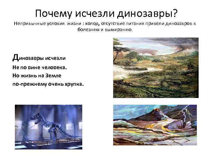 Почему исчезли динозавры? Непривычные условия жизни : холод, отсутствие питания привели динозавров к