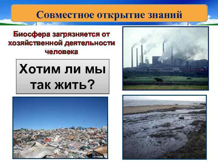  Совместное открытие знаний Биосфера загрязняется от хозяйственной деятельности человека Хотим ли мы так