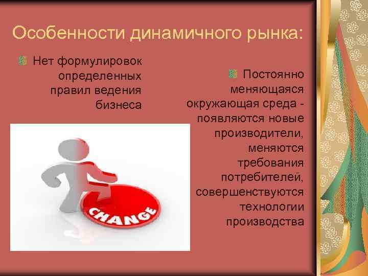 Особенности динамичного рынка: Нет формулировок определенных правил ведения бизнеса Постоянно меняющаяся окружающая среда появляются