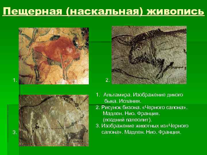 Пещерная (наскальная) живопись 1. 3. 2. 1. Альтамира. Изображение дикого быка. Испания. 2. Рисунок