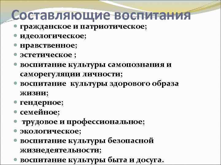 Составляющие воспитания гражданское и патриотическое; идеологическое; нравственное; эстетическое ; воспитание культуры самопознания и саморегуляции