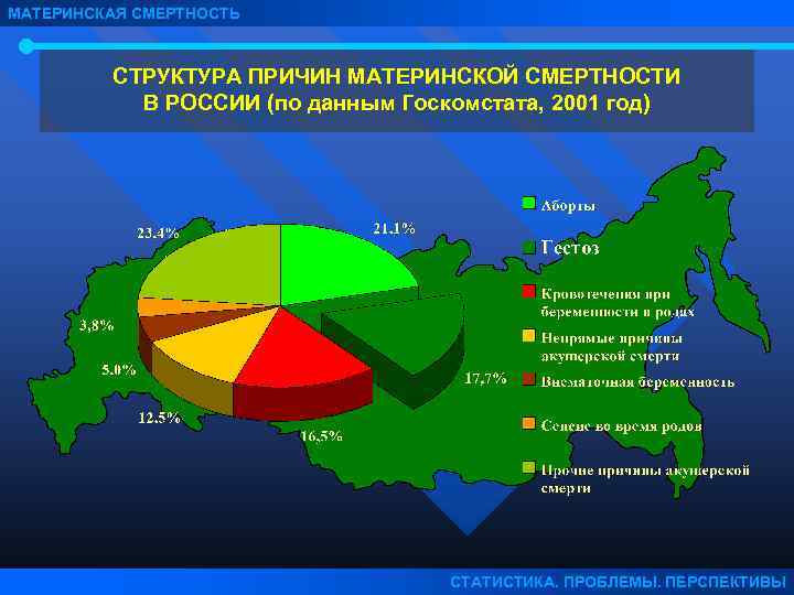 МАТЕРИНСКАЯ СМЕРТНОСТЬ СТРУКТУРА ПРИЧИН МАТЕРИНСКОЙ СМЕРТНОСТИ В РОССИИ (по данным Госкомстата, 2001 год) СТАТИСТИКА.