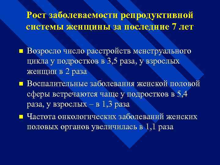 Рост заболеваемости репродуктивной системы женщины за последние 7 лет n n n Возросло число