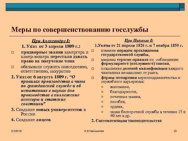 Меры по совершенствованию госслужбы При Николае I: При Александре I: 1. Указы от 21