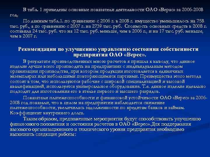 год. В табл. 1 приведены основные показатели деятельности ОАО «Верас» за 2006 -2008 По