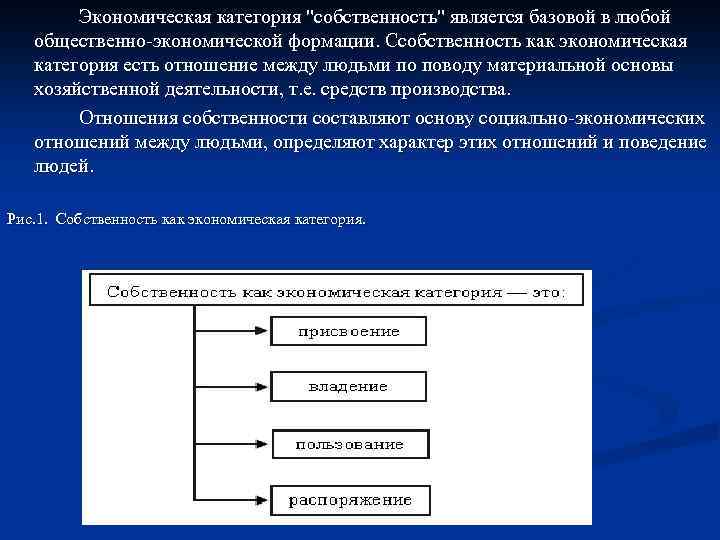 Экономическая категория "собственность" является базовой в любой общественно экономической формации. Cсобственность как экономическая категория