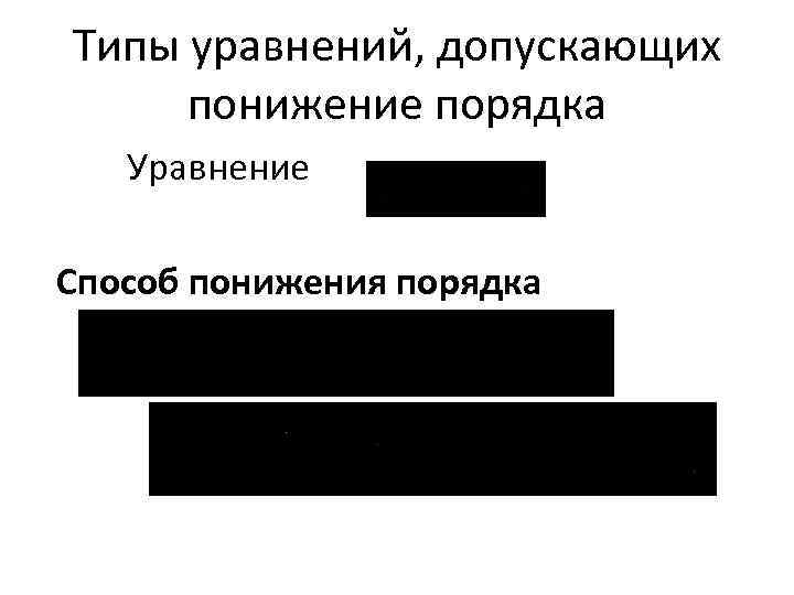Типы уравнений, допускающих понижение порядка Уравнение Способ понижения порядка 