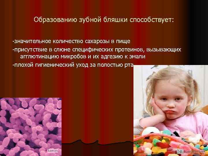 Образованию зубной бляшки способствует: -значительное количество сахарозы в пище -присутствие в слюне специфических протеинов,