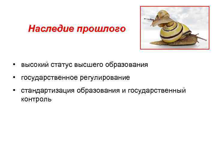 Наследие прошлого • высокий статус высшего образования • государственное регулирование • стандартизация образования и