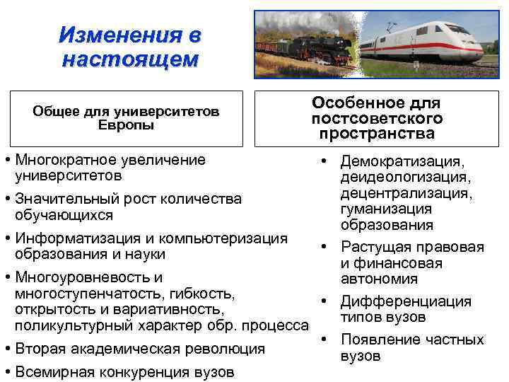 Изменения в настоящем Общее для университетов Европы • Многократное увеличение университетов • Значительный рост