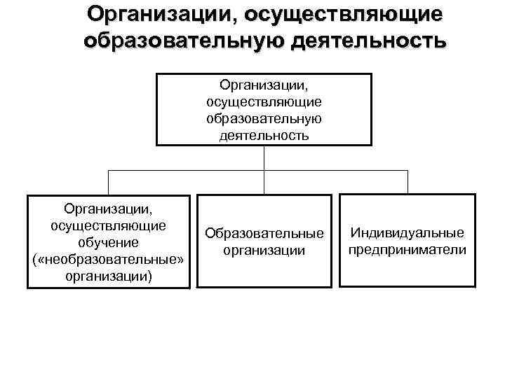Организации, осуществляющие образовательную деятельность Организации, осуществляющие обучение ( «необразовательные» организации) Образовательные организации Индивидуальные предприниматели