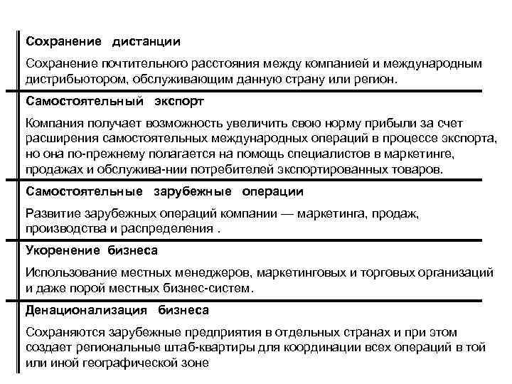 Сохранение дистанции Cохранение почтительного расстояния между компанией и международным дистрибьютором, обслуживающим данную страну или