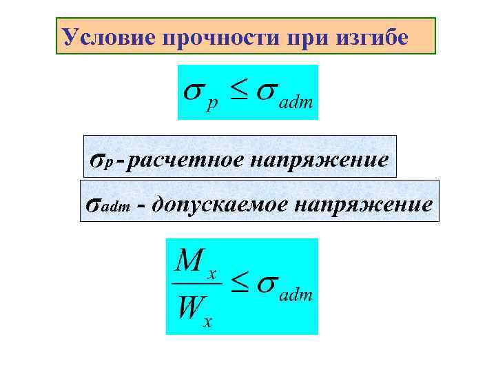 Условие прочности при изгибе σр - расчетное напряжение σadm - допускаемое напряжение 