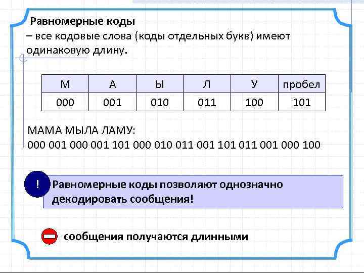 Равномерные коды – все кодовые слова (коды отдельных букв) имеют одинаковую длину. М А