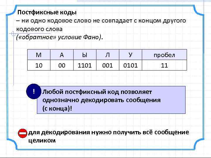 Условие кода. Обратное условие ФАНО. Постфиксную запись кода.