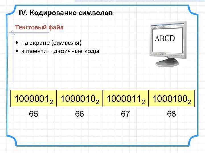 IV. Кодирование символов Текстовый файл • на экране (символы) • в памяти – двоичные