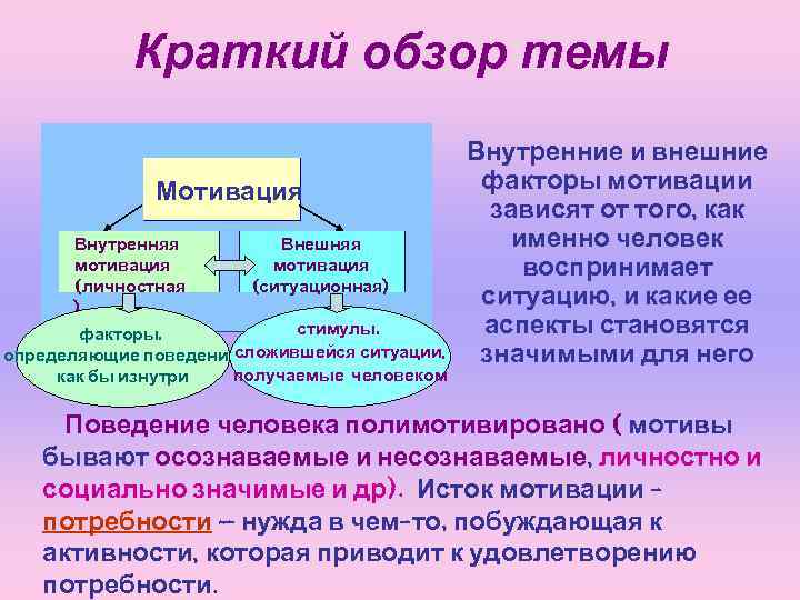 Краткий обзор темы Мотивация Внутренняя Внешняя мотивация (личностная (ситуационная) ) стимулы, факторы, сложившейся ситуации,