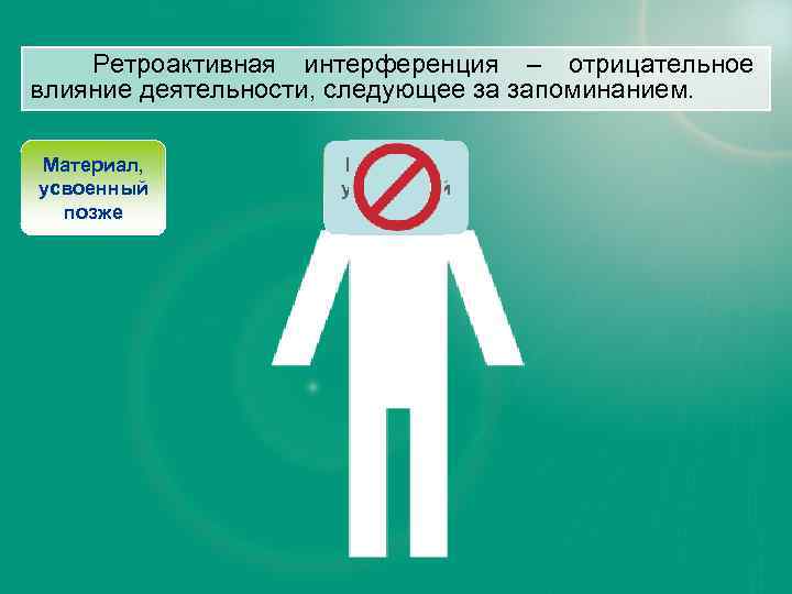 Ретроактивная интерференция – отрицательное влияние деятельности, следующее за запоминанием. Материал, усвоенный первым позже 