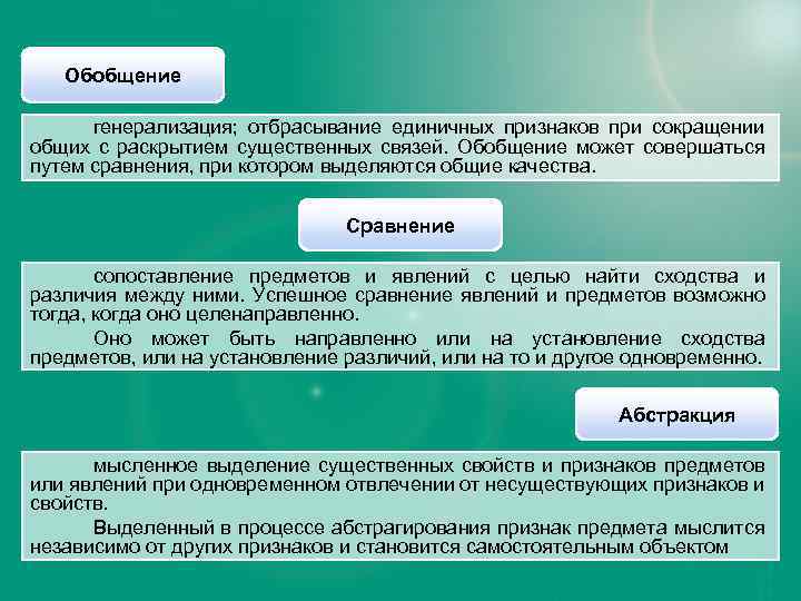 Обобщение генерализация; отбрасывание единичных признаков при сокращении общих с раскрытием существенных связей. Обобщение может