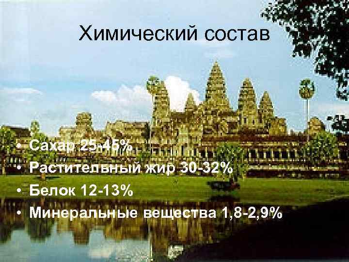 Химический состав • • Сахар 25 -45% Растительный жир 30 -32% Белок 12 -13%