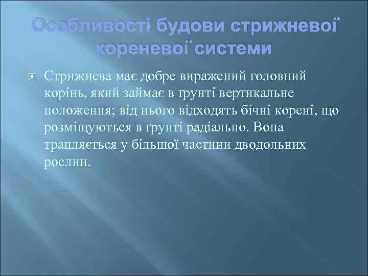 Особливості будови стрижневої кореневої системи Стрижнева має добре виражений головний корінь, який займає в