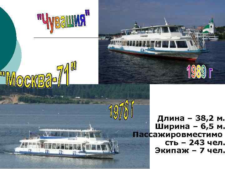  Длина – 38, 2 м. Ширина – 6, 5 м. Пассажировместимо сть –