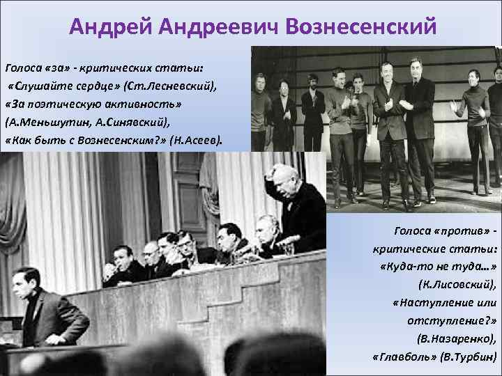 Андрей Андреевич Вознесенский Голоса «за» - критических статьи: «Слушайте сердце» (Ст. Лесневский), «За поэтическую