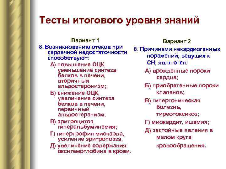 Тесты итогового уровня знаний Вариант 1 Вариант 2 8. Возникновению отеков при 8. Причинами