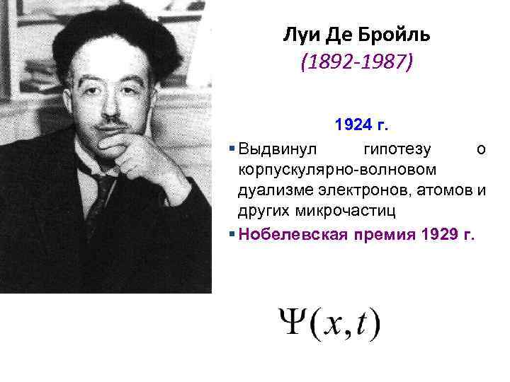 Де бройль выдвинул гипотезу. Луи де Бройль 1892-1987. 1924 Луи де Бройль выдвинул гипотезу об. Луи де Бройль теория. Луи де Бройль открытия.