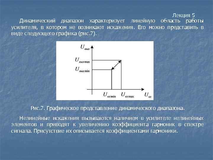 Лекция 5 Динамический диапазон характеризует линейную область работы усилителя, в котором не возникают искажения.