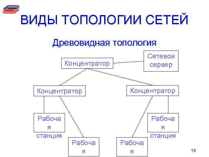 ВИДЫ ТОПОЛОГИИ СЕТЕЙ Древовидная топология Сетевой сервер Концентратор Рабоча я станция Рабоча я Концентратор