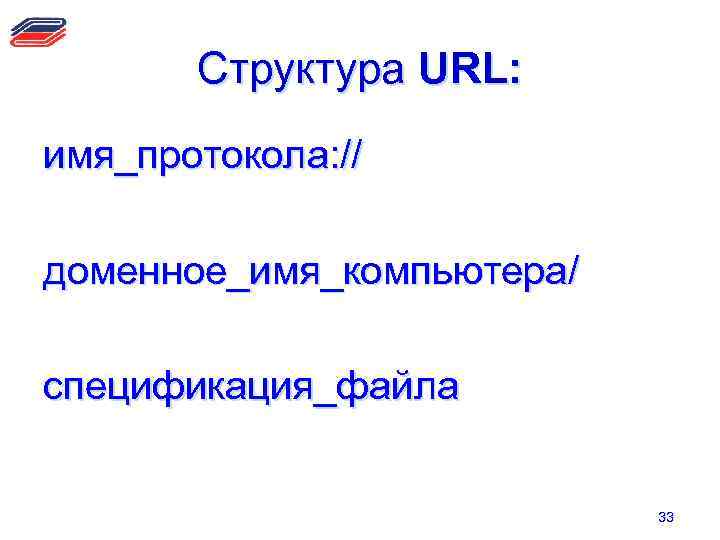 Структура URL: имя_протокола: // доменное_имя_компьютера/ спецификация_файла 33 