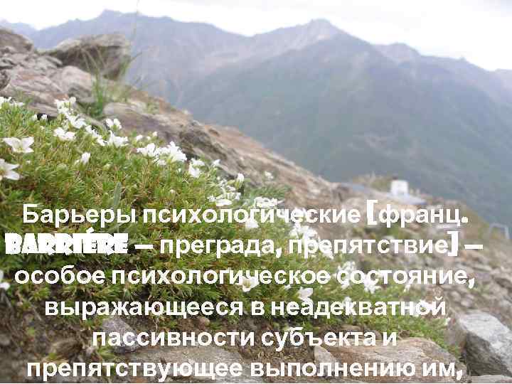 Барьеры психологические [франц. barriére — преграда, препятствие] — особое психологическое состояние, выражающееся в неадекватной