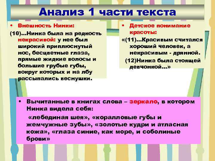 Анализ 1 части текста • Внешность Нинки: (10)…Нинка была на редкость некрасивой: у нее