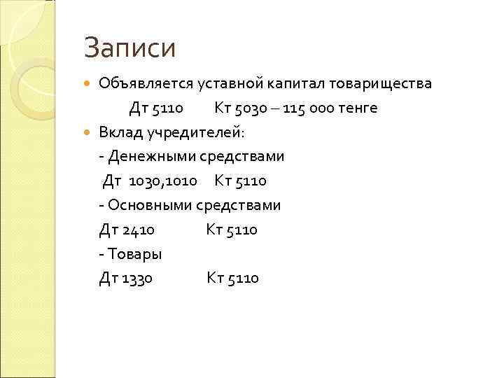 Записи Объявляется уставной капитал товарищества Дт 5110 Кт 5030 – 115 000 тенге Вклад