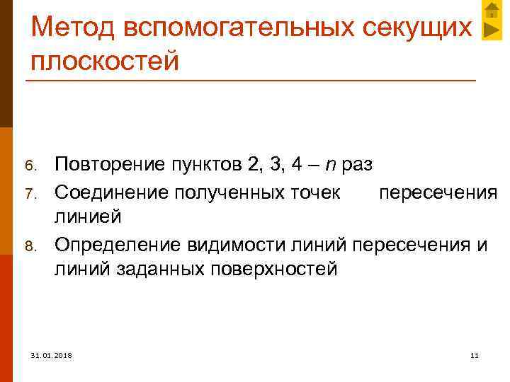 Метод вспомогательных секущих плоскостей 6. 7. 8. Повторение пунктов 2, 3, 4 – n