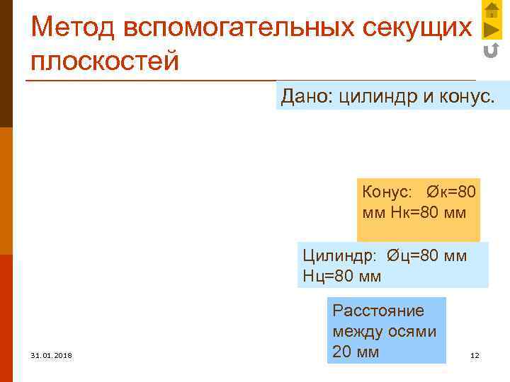 Метод вспомогательных секущих плоскостей Дано: цилиндр и конус. Конус: Øк=80 мм Нк=80 мм Цилиндр: