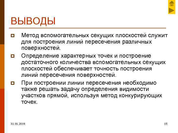 ВЫВОДЫ p p p Метод вспомогательных секущих плоскостей служит для построения линий пересечения различных