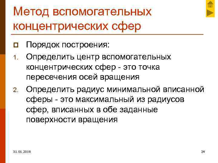 Метод вспомогательных концентрических сфер p 1. 2. Порядок построения: Определить центр вспомогательных концентрических сфер